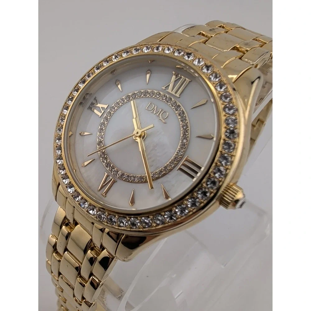 DMQ QVC Women's Watch 34mm MOP Dial Gold CZ Bezel New Battery 6.5